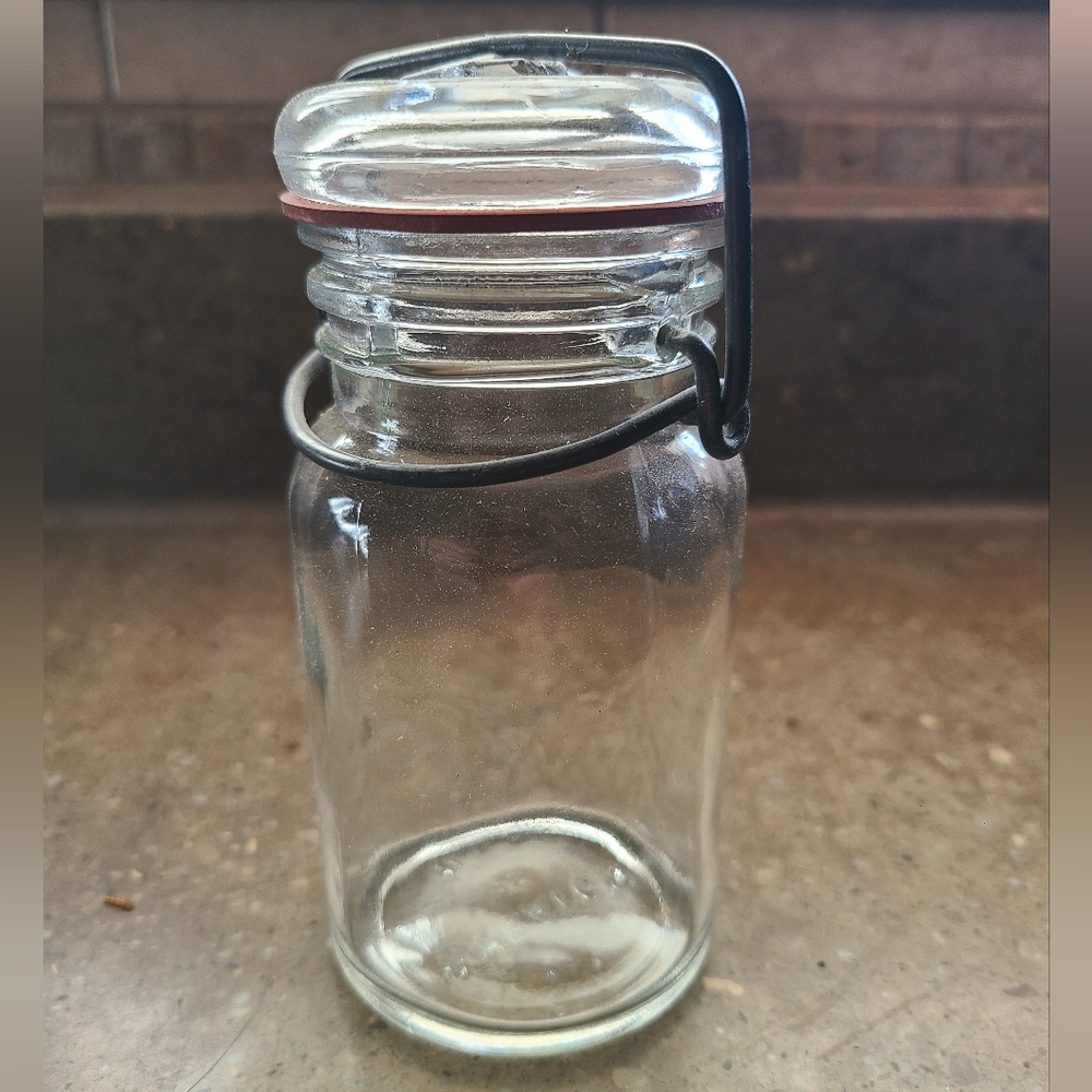 Vintage Clear Glass Wheaton Style Jar 5 Inch Small with Wire Bail and Glass Lid